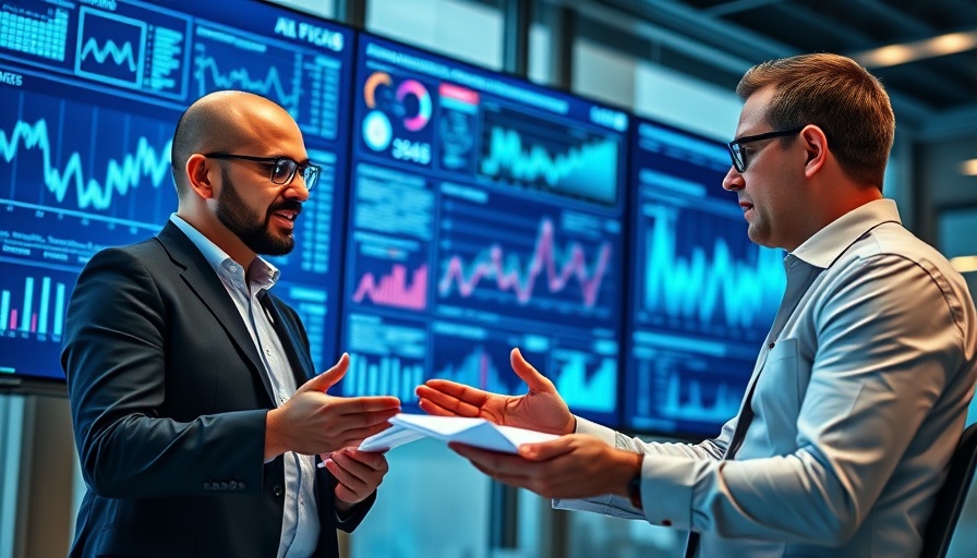 Businessmen analyzing data with digital graphs in the background, AI search visibility.