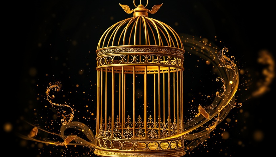 Golden birdcage with dark background book cover design.