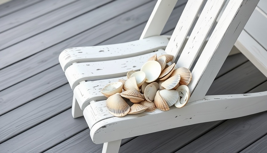 Rustic deck with chair and razor clam shells arrangement.