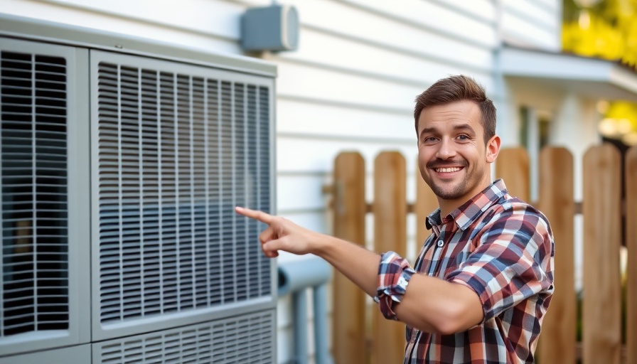 Helpful man showcasing outdoor air conditioner unit near a white house.