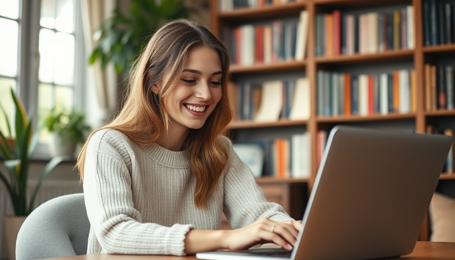 Happy woman using laptop to boost AI search visibility.