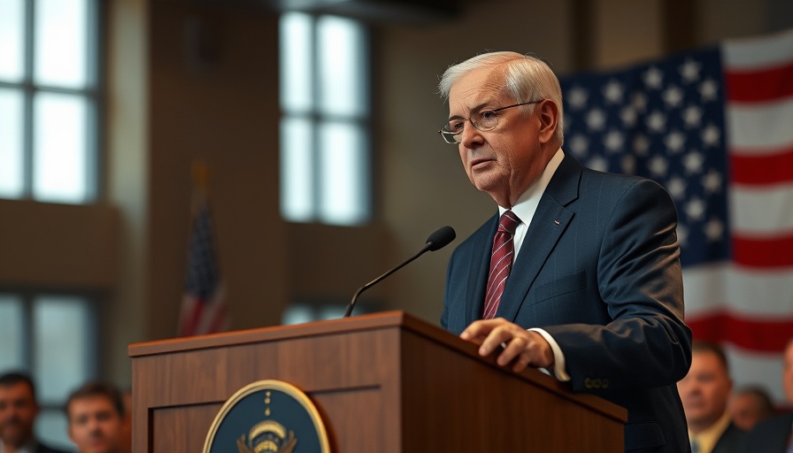 Elderly gentleman announcing retirement at a podium with flag.