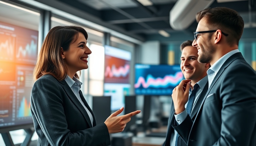 Smiling professionals in a high-tech office discussing automated customer interaction.