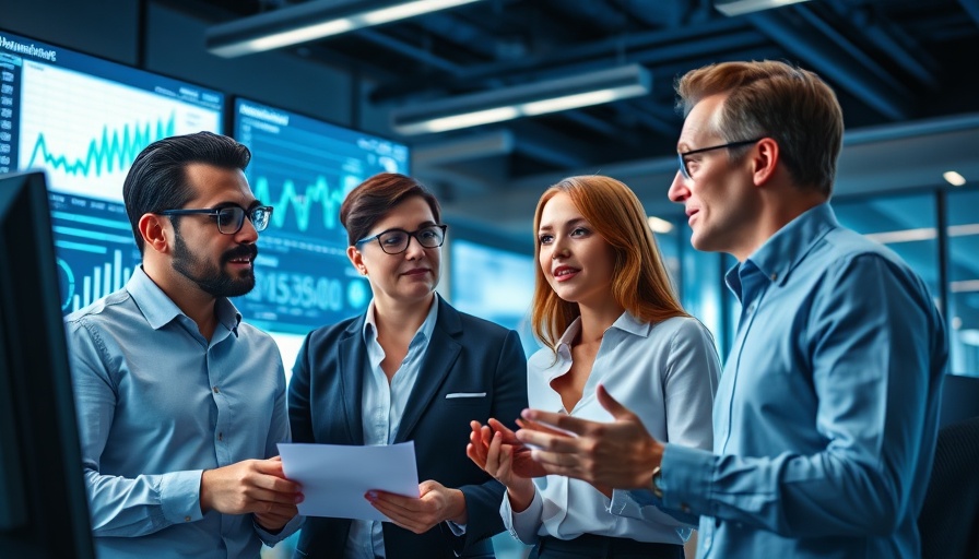 Professionals discussing personalized marketing with AI in a tech-driven office.