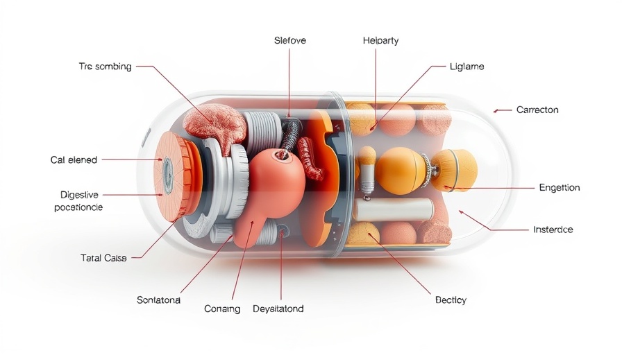 PillTrek Smart Capsule GI health monitoring device illustration showing detailed components and digestive elements.