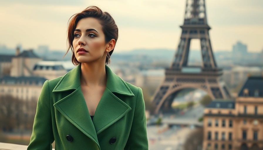 Elegant woman in green coat with Eiffel Tower in the background