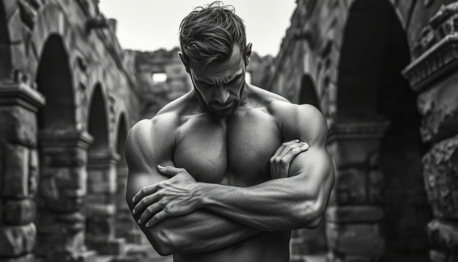 Emotive scene in grayscale of a man in ancient ruins, historical fiction novel inspiration.