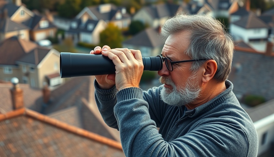 Man inspecting roofs with binoculars, common roofing mistakes concept.