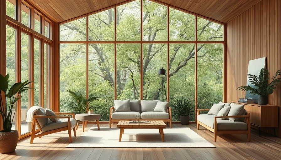Minimalist mid-century modern living room with wooden furniture and lush view, embodying Current Obsessions Design Rewind.