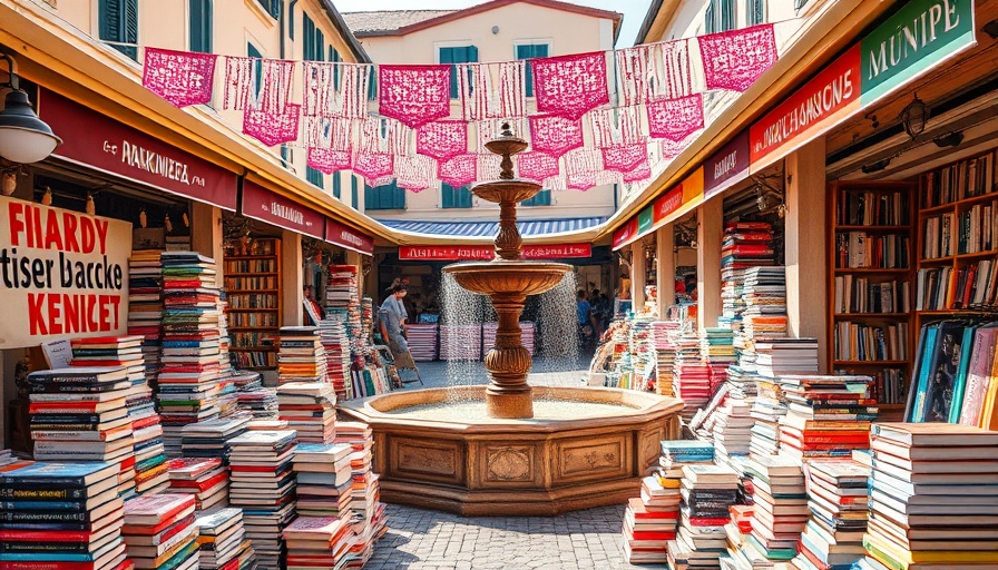 Historical fiction mystery book fair scene with books and fountain.