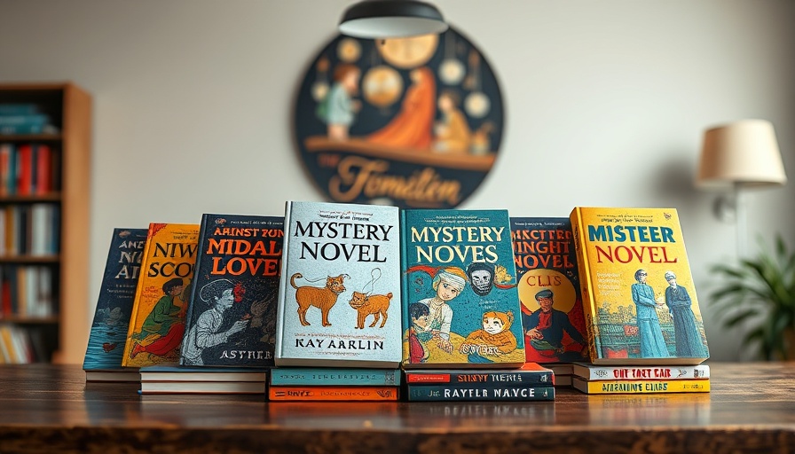 Colorful mystery novels displayed on a table indoors.