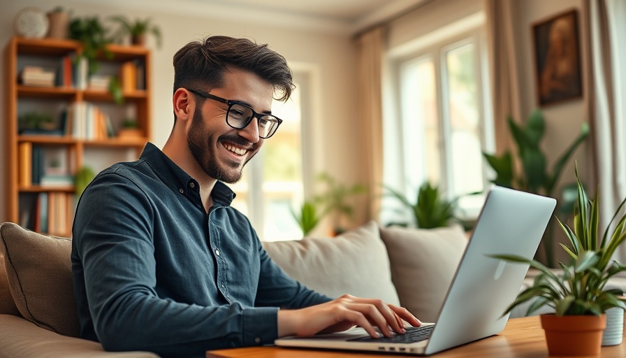 Young man interacting with laptop, enhancing AI search visibility.