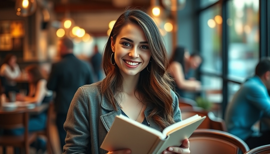 Confident young woman writing in a cozy cafe, enhancing AI search visibility.