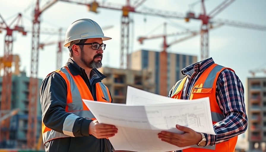 Engineers analyzing plans at a construction site with cranes in the background.