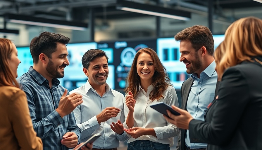 Professionals discussing AI content generation in a tech office with digital screens.