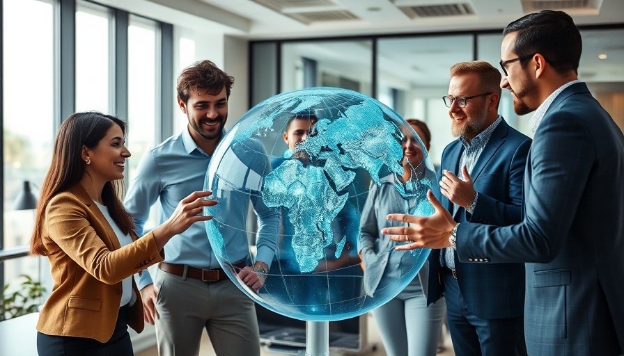 AI-driven marketing campaigns illustrated by a team engaging with a holographic globe in a modern office setting.