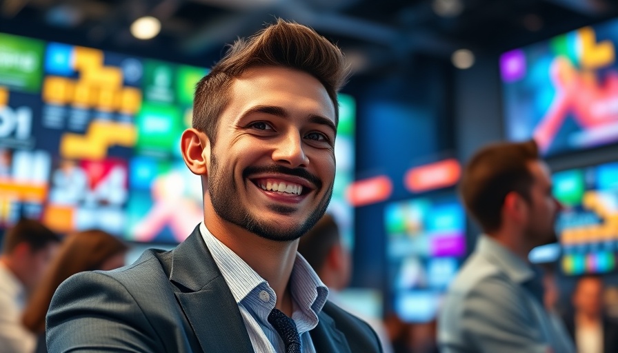 Confident businessman transforming anxiety into success at conference.