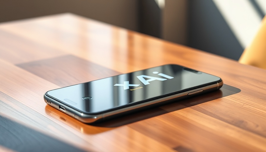 Sleek smartphone displaying xAI logo on wooden table.