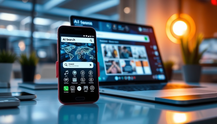 Digital workspace featuring smartphone with AI search apps and laptop displaying search engine.