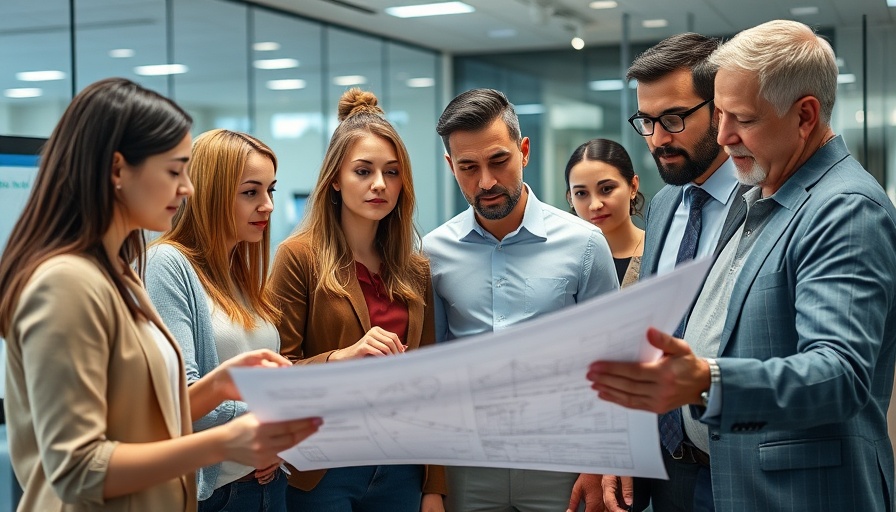 Team collaboration enhancing AI search visibility in office.