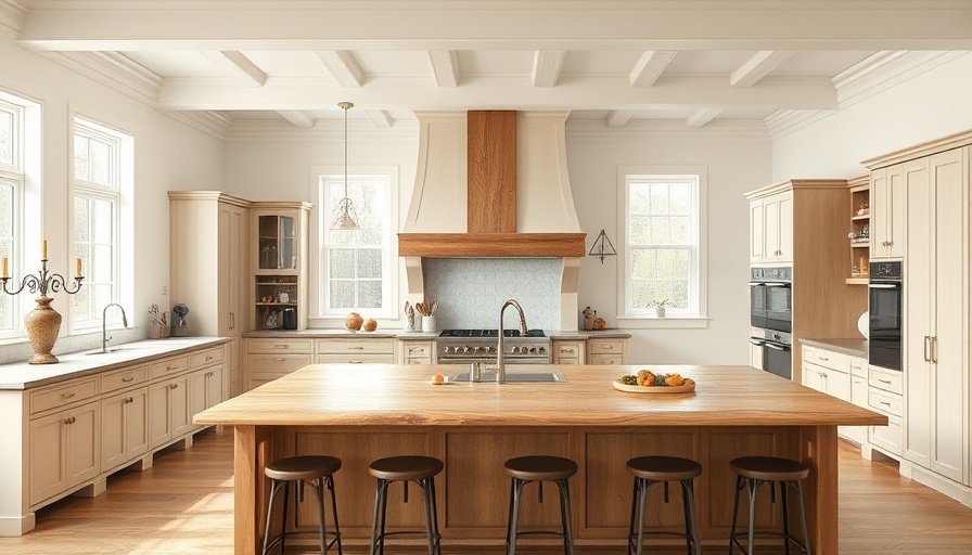 Flemish-inspired contemporary farmhouse kitchen with wooden island and daylight.