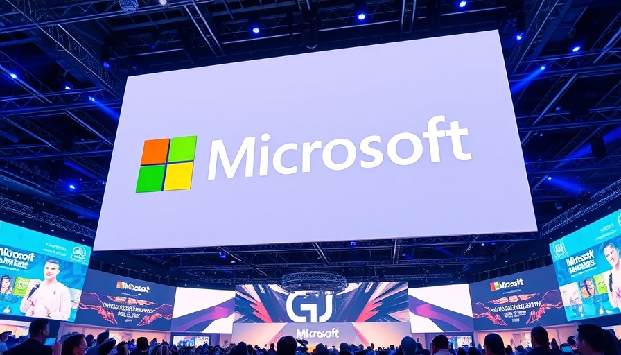 Microsoft logo displayed on a large screen at a tech event.