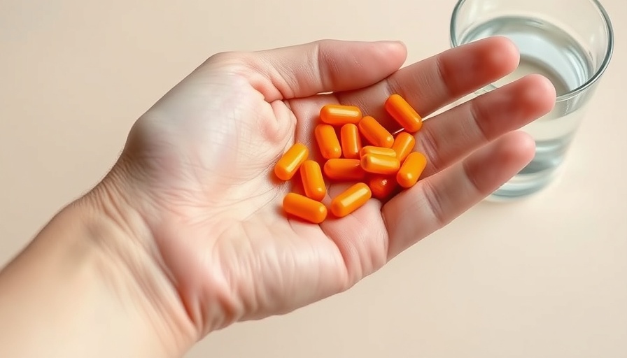 Hand holding orange pills with water glass, protect gut health during antibiotics.