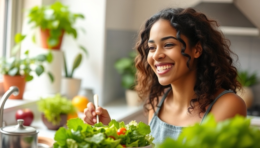 Smiling woman preparing salad in kitchen, promoting gum health.