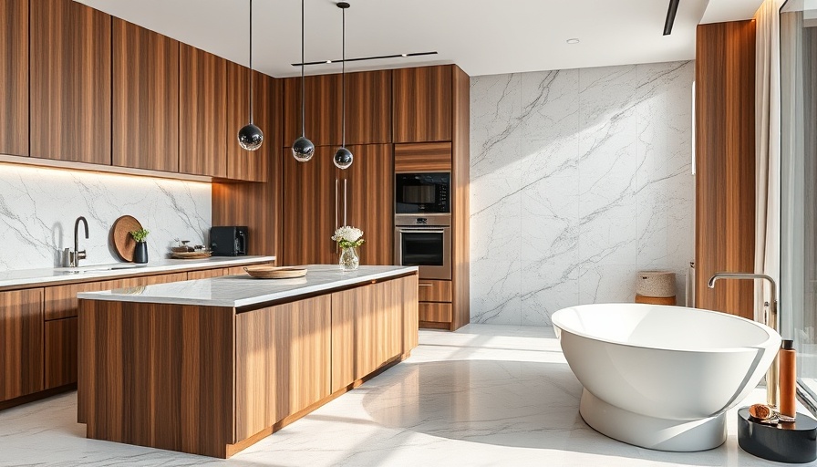 Modern luxurious kitchen and bathroom design with wood and marble surfaces.