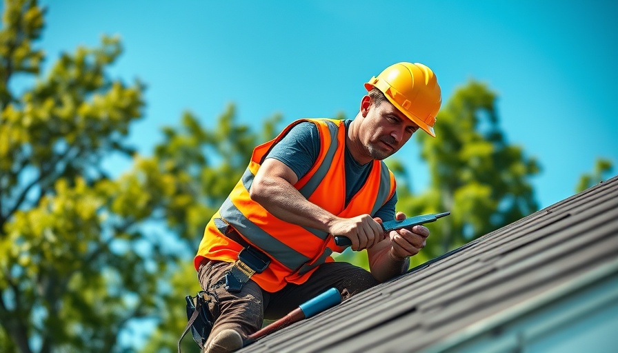 Construction worker performing roof repairs under clear blue sky.