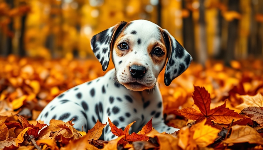 Dalmatian puppy in autumn leaves, veterinary care concept.