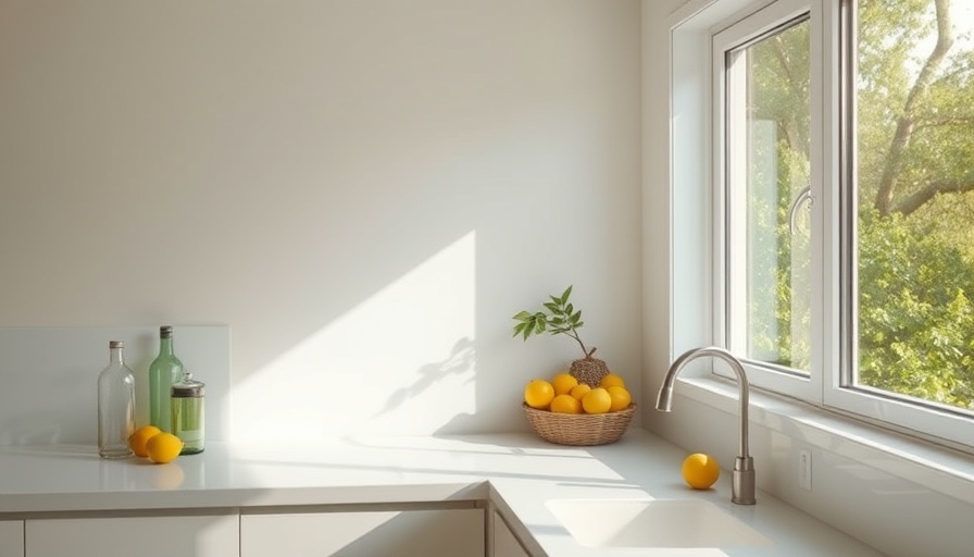Sunlit minimalist kitchen corner with summer decor