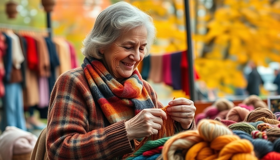 Craft Fair Knitters Mystery Series: woman knitting amid autumn leaves.