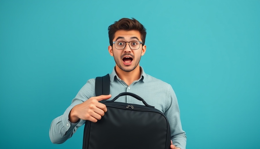 Man with lightweight carry-on bag pointing at it in surprise.