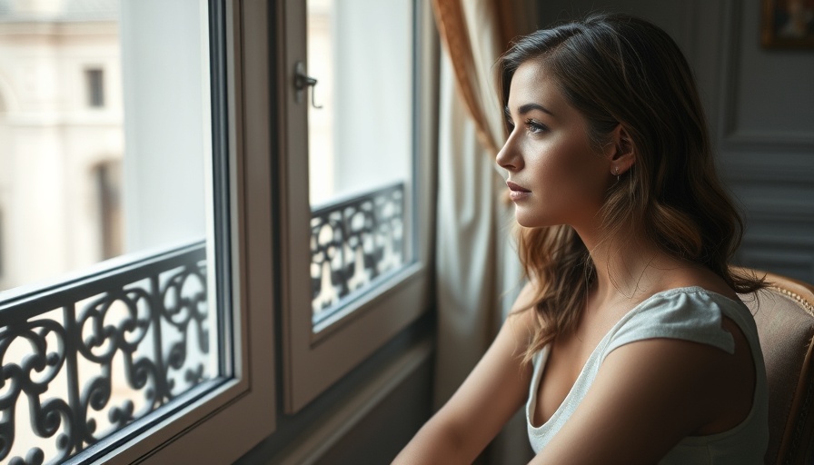 Woman in yellow top sitting thoughtfully by a window indoors.