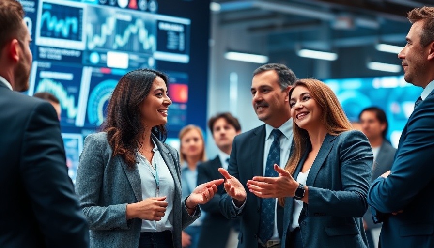 Professionals discussing AI innovation in a modern office with digital screens.