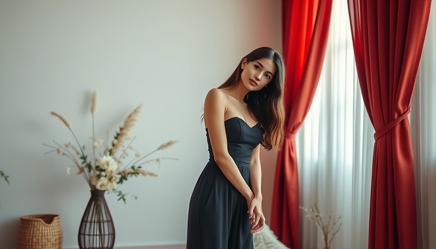 Elegant woman in minimalist design setting with red curtains.