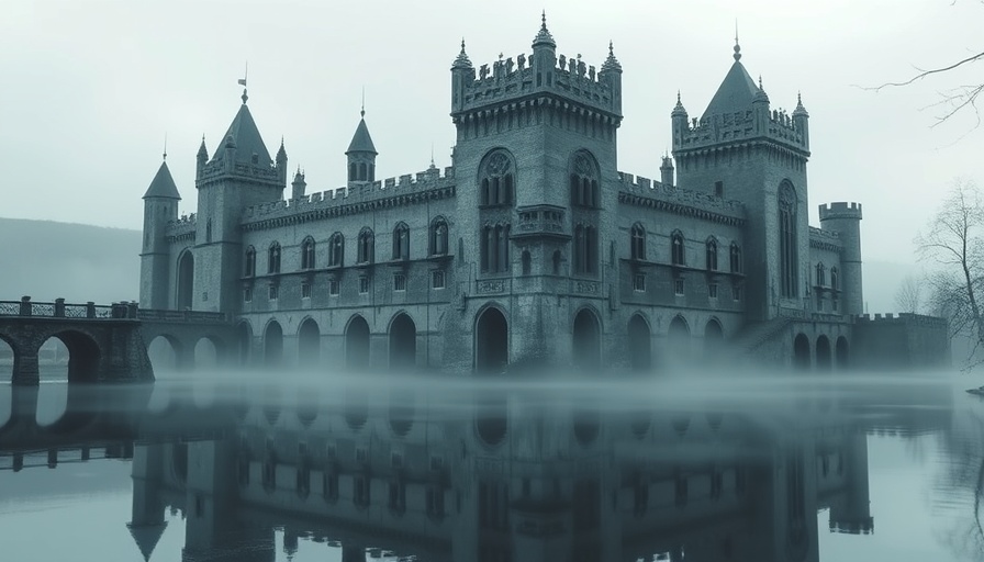 Misty medieval castle with moat reflecting historical architecture.