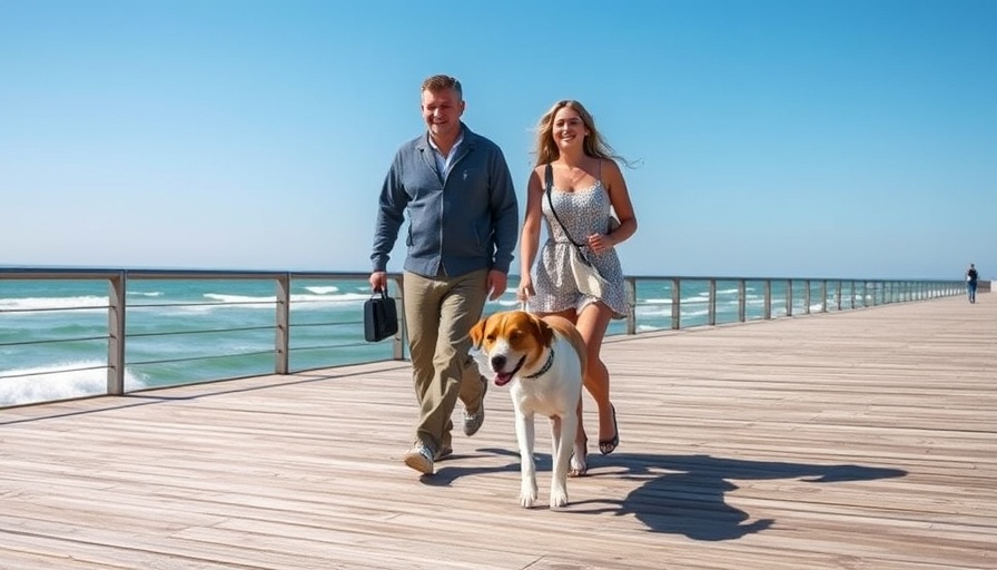 Adults walking dog on boardwalk by ocean, optimal walking routine.