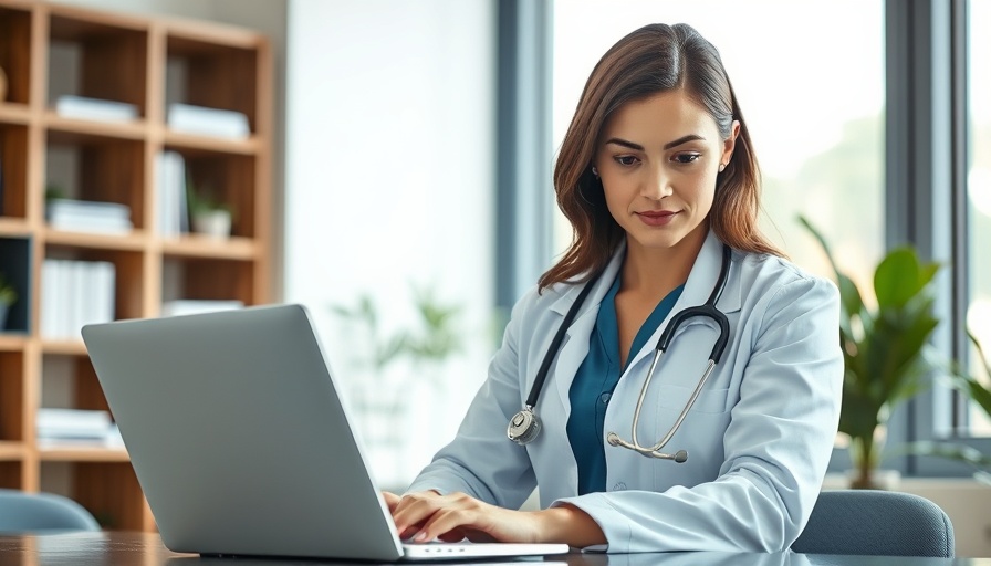 AI Search Visibility: Doctor using laptop in office setting.