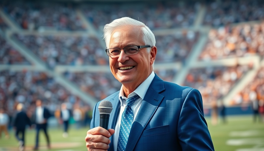 Smiling man in blue suit holding microphone on field, business growth capital.