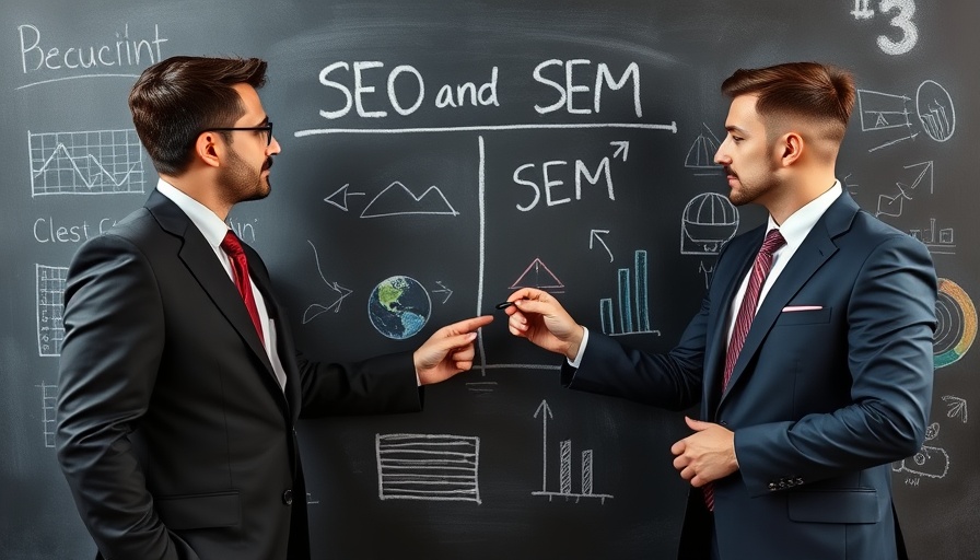 Professionals reviewing SEO and SEM strategies chalkboard.