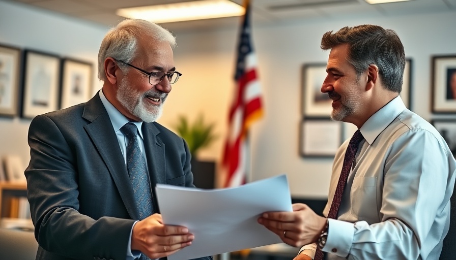 Consultant assisting older man with VA claim assistance in an office.