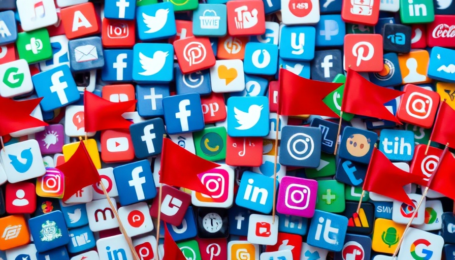 Social media icons collage with red flags showing AI search visibility.