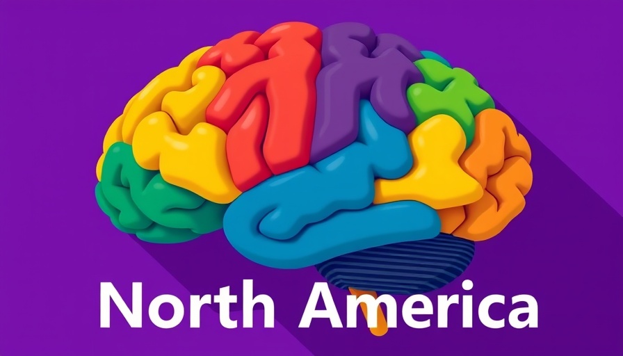 Colorful brain artwork illustrating North America with bold colors, purple background.