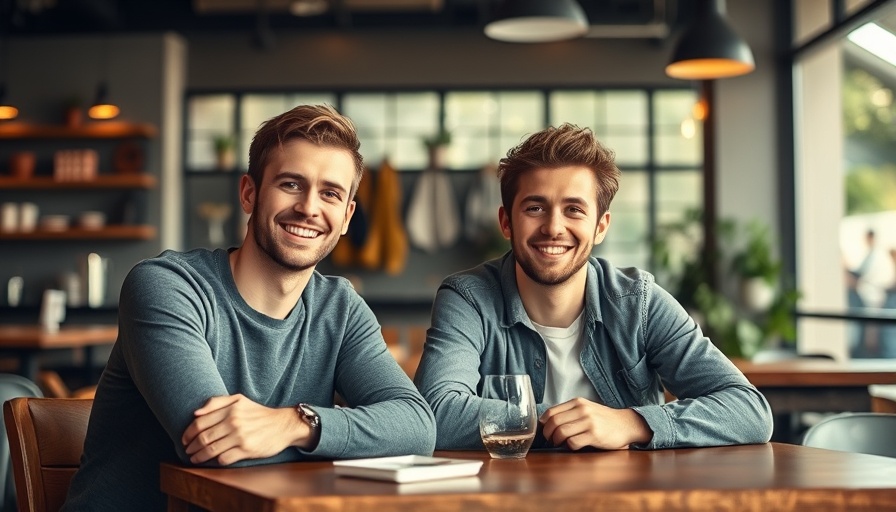 Two young men smiling in a modern cafe setting, discussing AI cheating detectors.