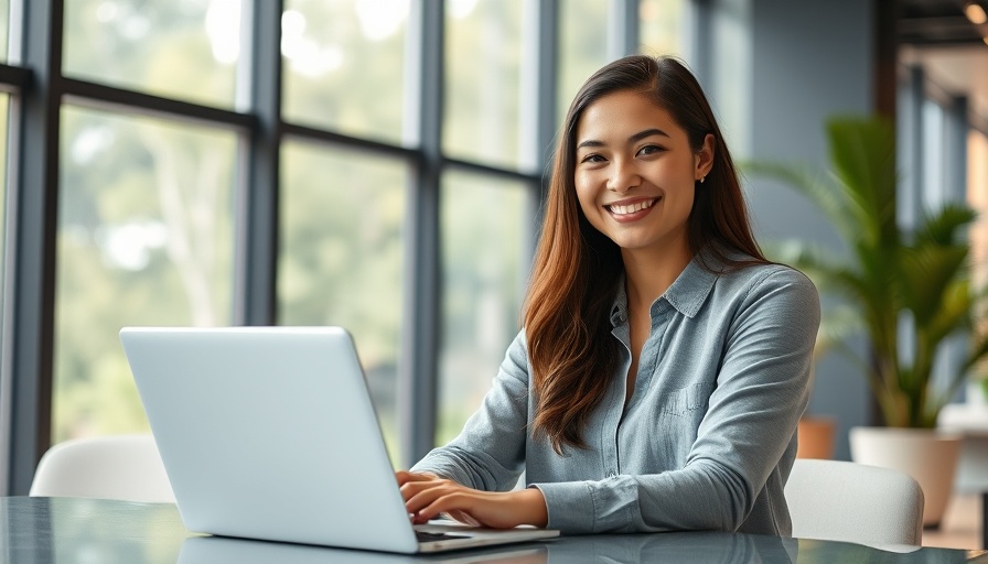 Confident professional woman working on a laptop in modern office.