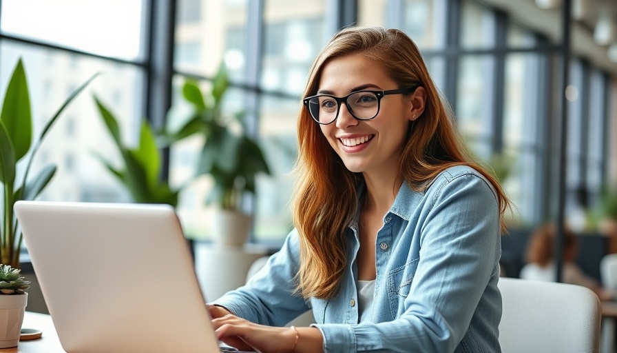 Young woman smiling while working on a laptop in a modern office.
