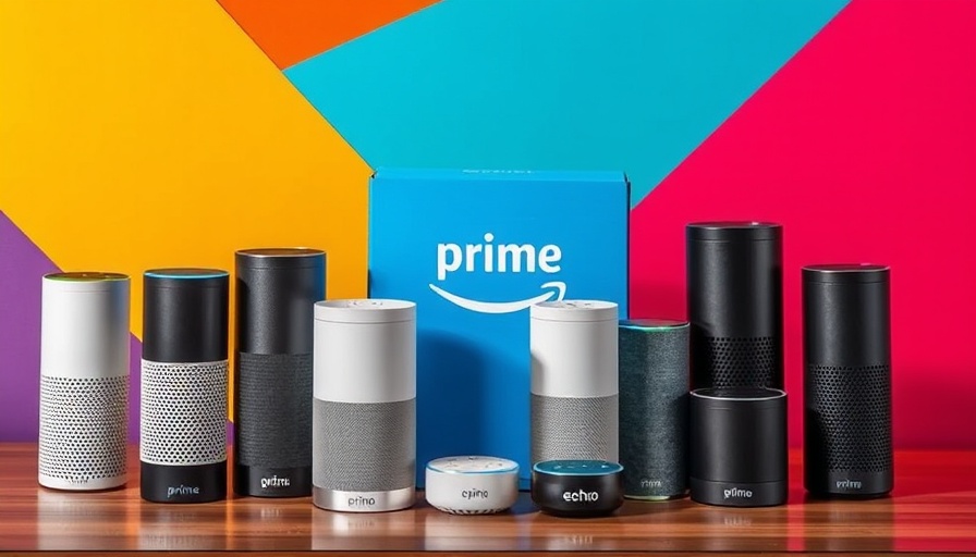 Echo devices Prime Day deals display with colorful backdrop.