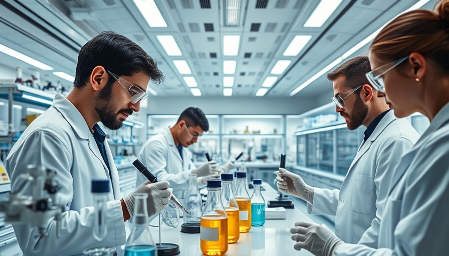 Scientists working in a bright laboratory, illustrating futuristic pharmaceutical manufacturing in space.